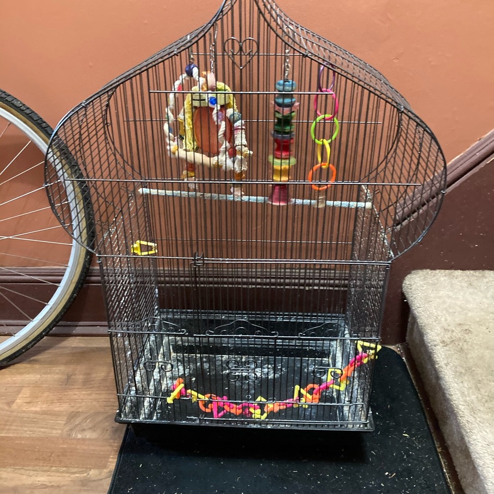 Chateau shaped bird cage in black with 5 toys